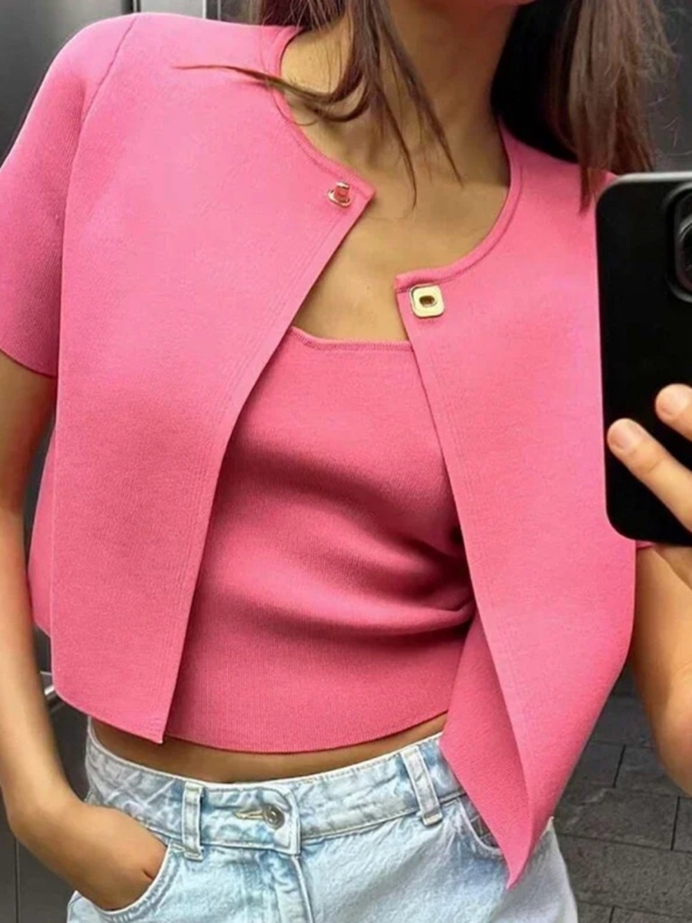 Zara Pink Knit Camisole with Matching Short Cardigan